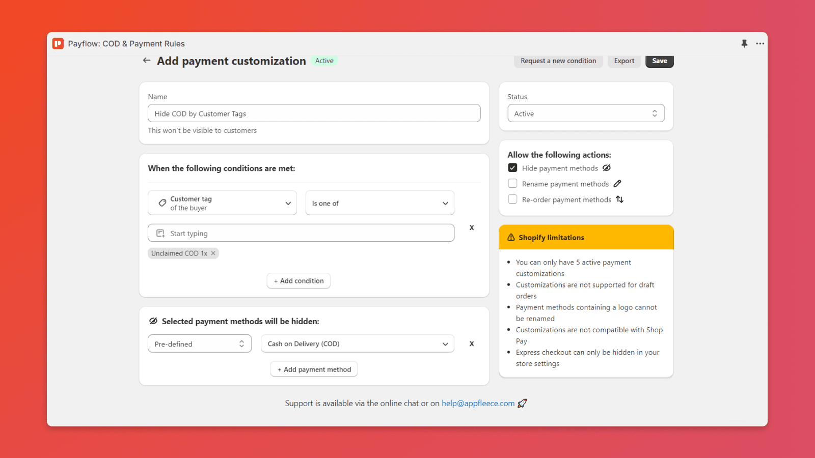 Beispiel für die Einrichtung des Ausblendens der Nachnahmezahlung in der Payflow-App auf Basis von Kunden-Tags