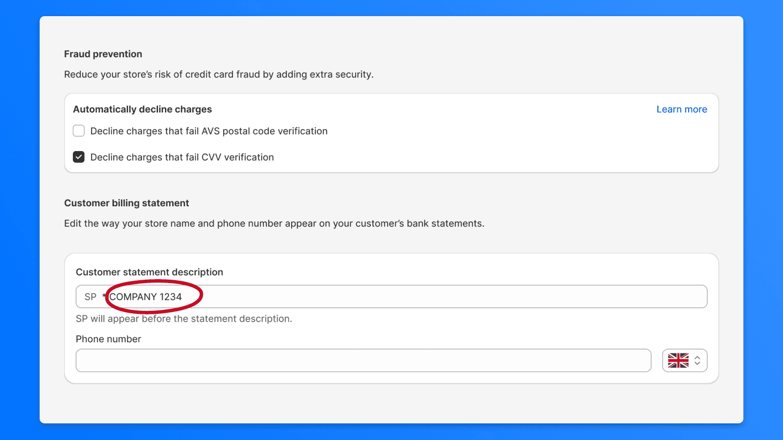 Abrechnungstext (Customer Billing Statement) in den Shopify-Payments-Einstellungen