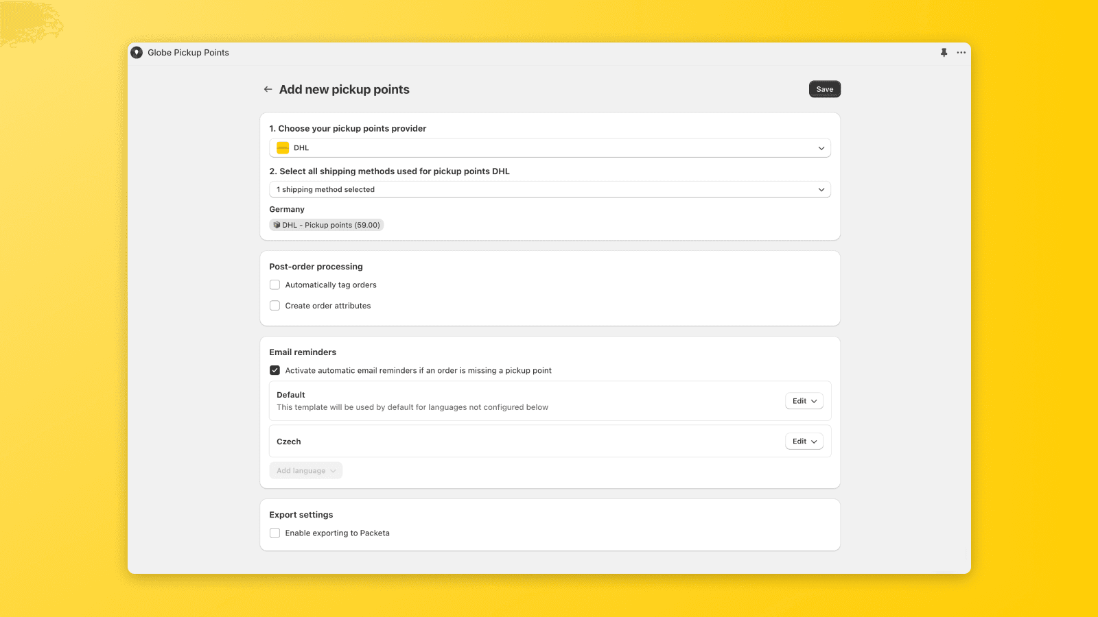 Beispiel für die Einrichtung von DHL-Paketshops in Globe mit automatischen E-Mails