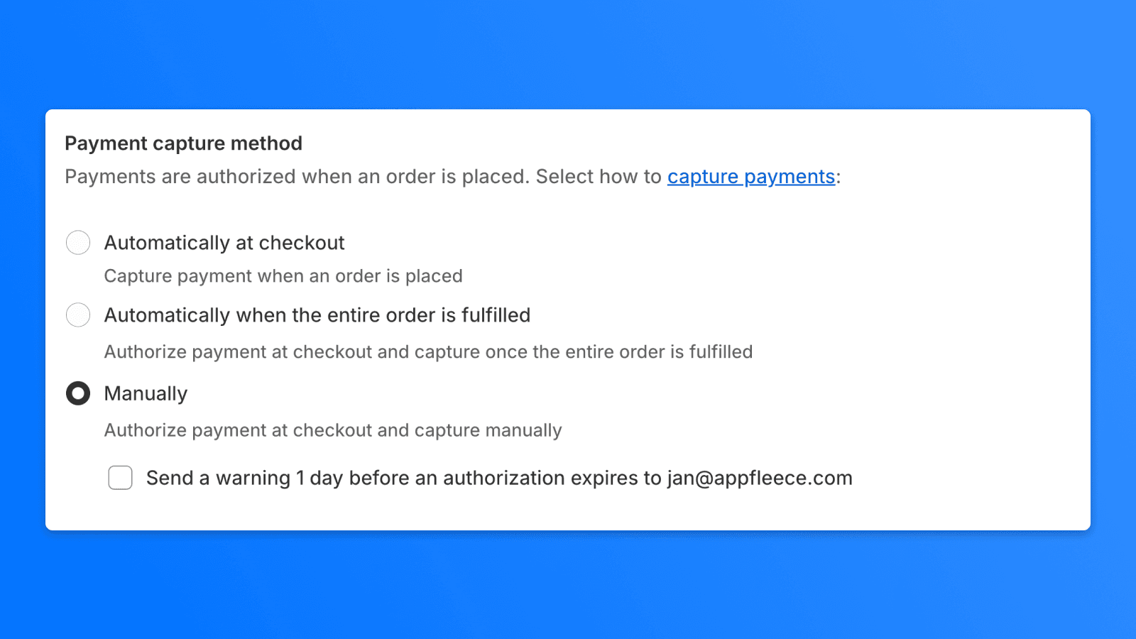 Beispiel für die Einrichtung der manuellen Zahlungserfassung auf Shopify