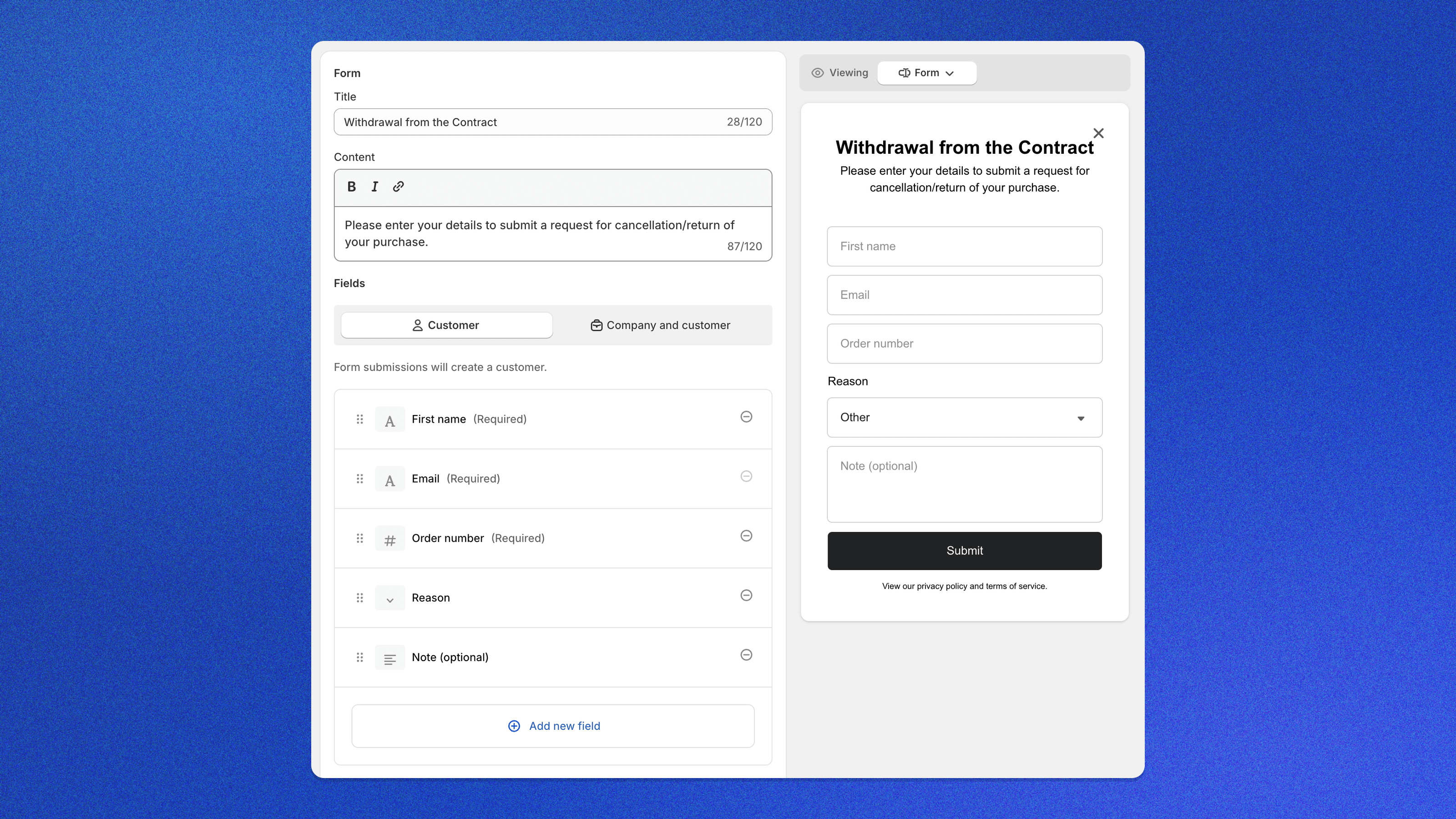 Ein eigenes Formular „Withdrawal from the Contract" in Shopify Forms mit Feldern für Name, E-Mail, Bestellnummer und Grund – rechts die Vorschau des login-freien Formulars