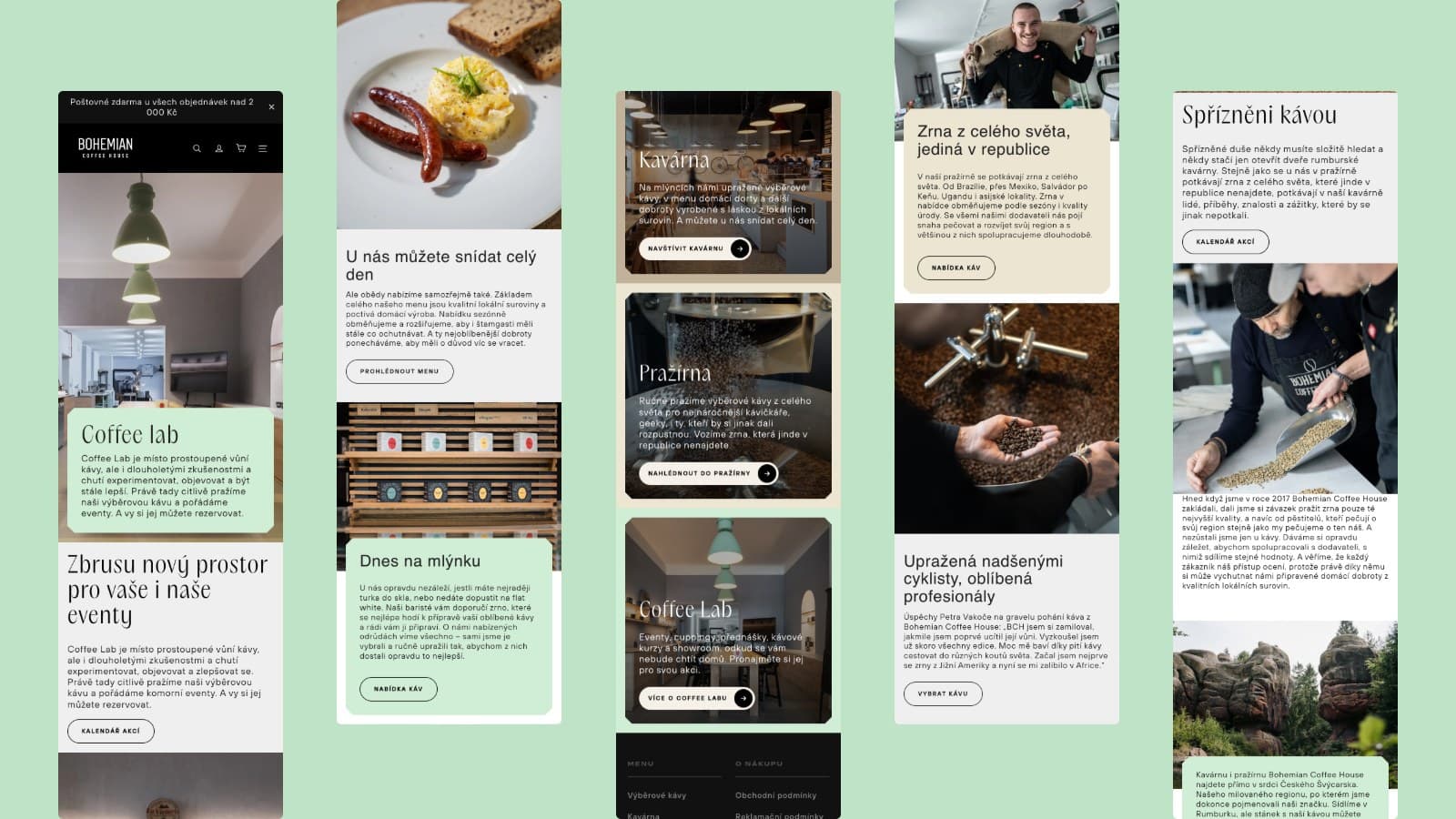 Fünf Seiten von Bohemian Coffee House auf dem Smartphone: Coffee Lab, das Café mit Frühstück, die Startseite, die Rösterei und Über uns