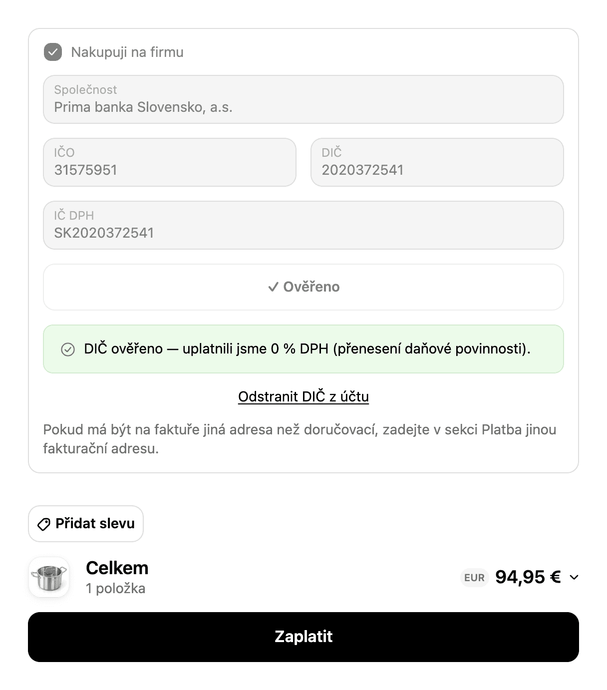 Geprüfte USt-IdNr. mit dem Hinweis auf 0 % MwSt. und einer Summe von 94,95 €