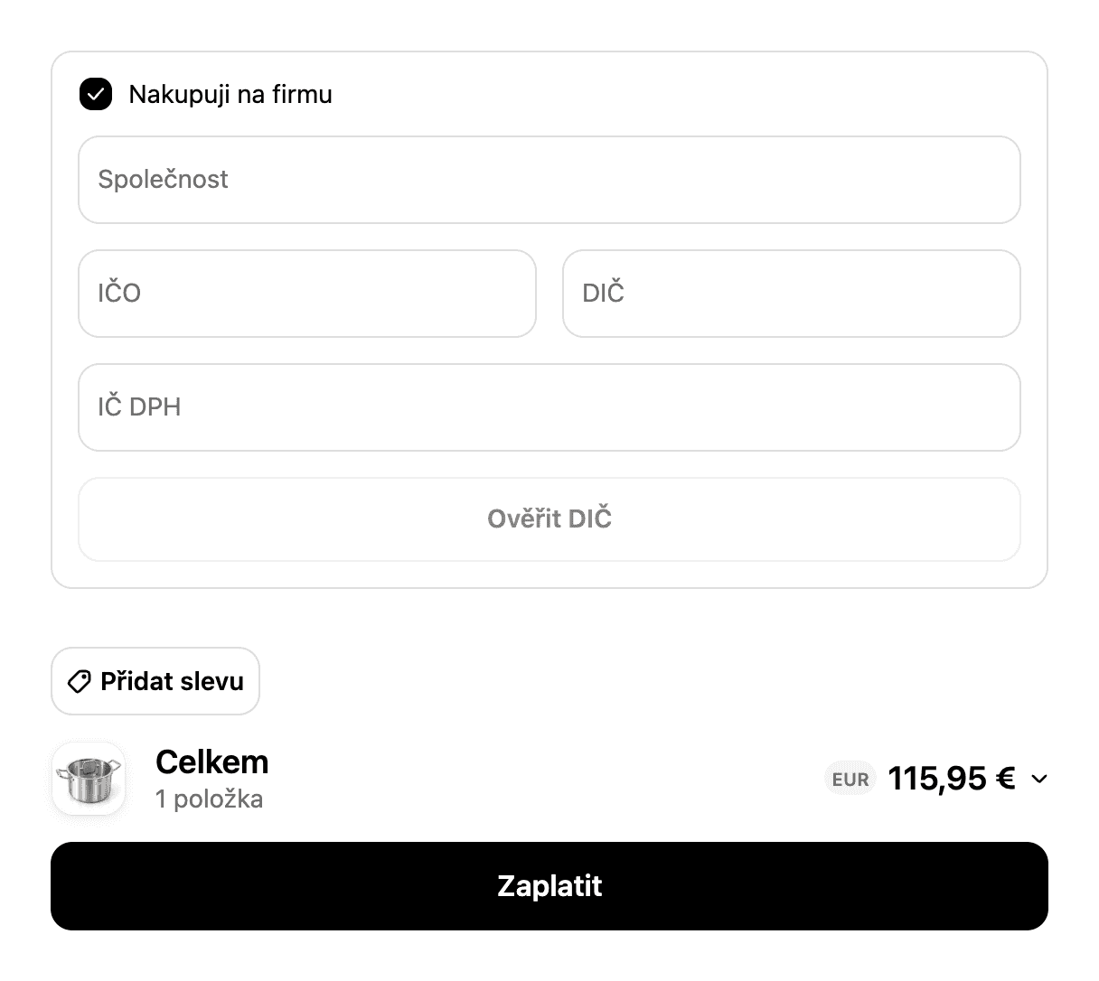 Der Block Nakupuji na firmu bei Lieferung in die Slowakei mit Feldern für Firma, IČO, DIČ und IČ DPH