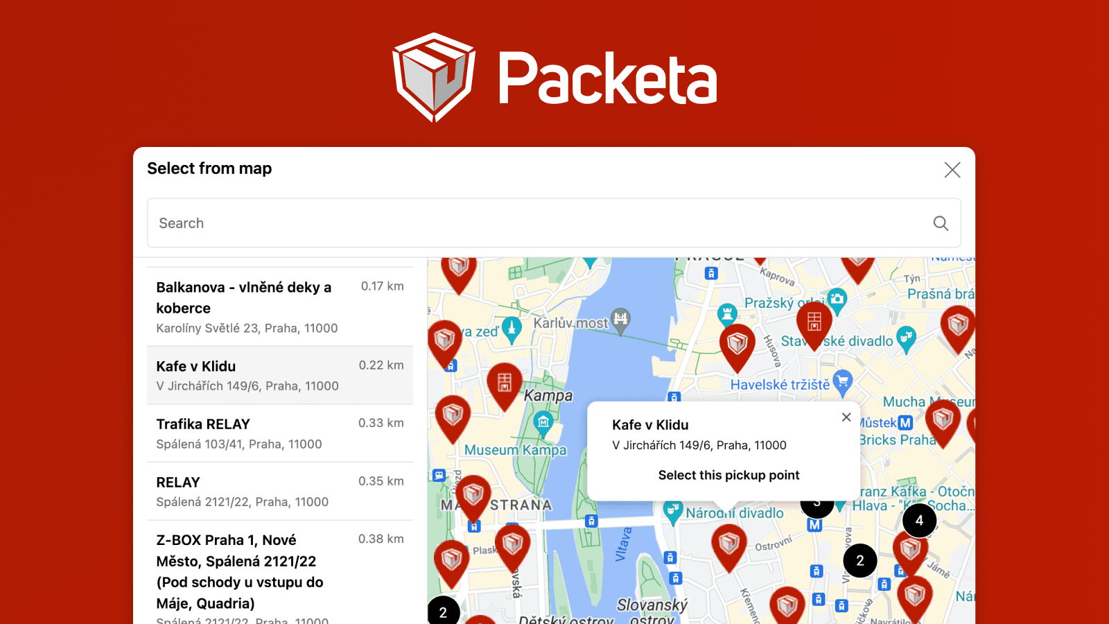 Karte der Packeta-Abholpunkte in Shopify