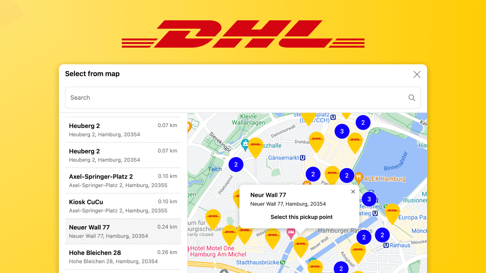 Karte der DHL-Paketshops in Shopify