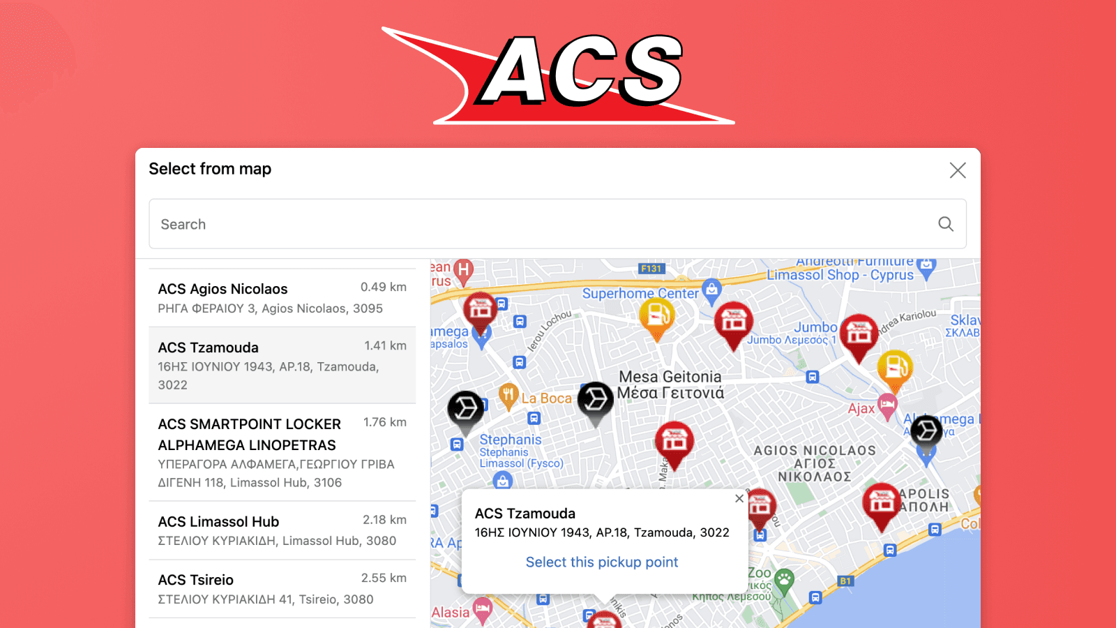 Karte der ACS-Abholpunkte in Shopify