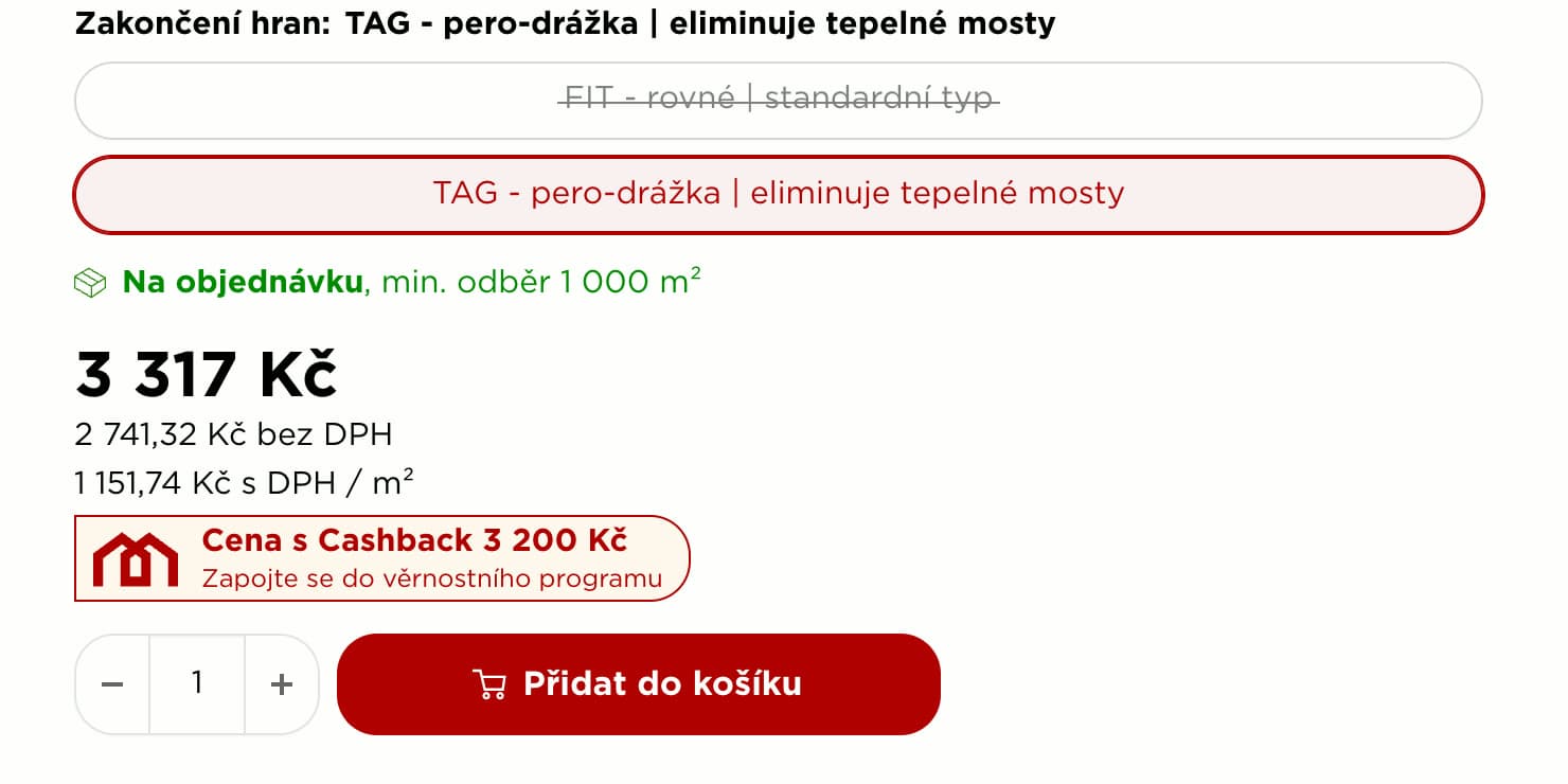Eine Produktseite auf jmbonline.cz für Gäste: 3 317 CZK und 3 200 CZK mit Cashback, dazu die Einladung ins Programm