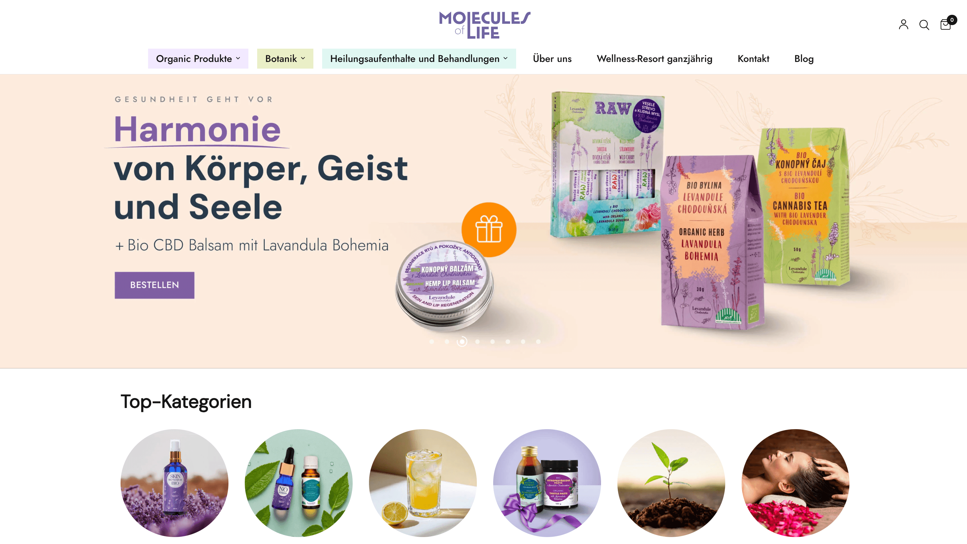 Molecules of Life Template-Anpassung mit Homepage-Design für Lavendelprodukte und deutscher Lokalisierung