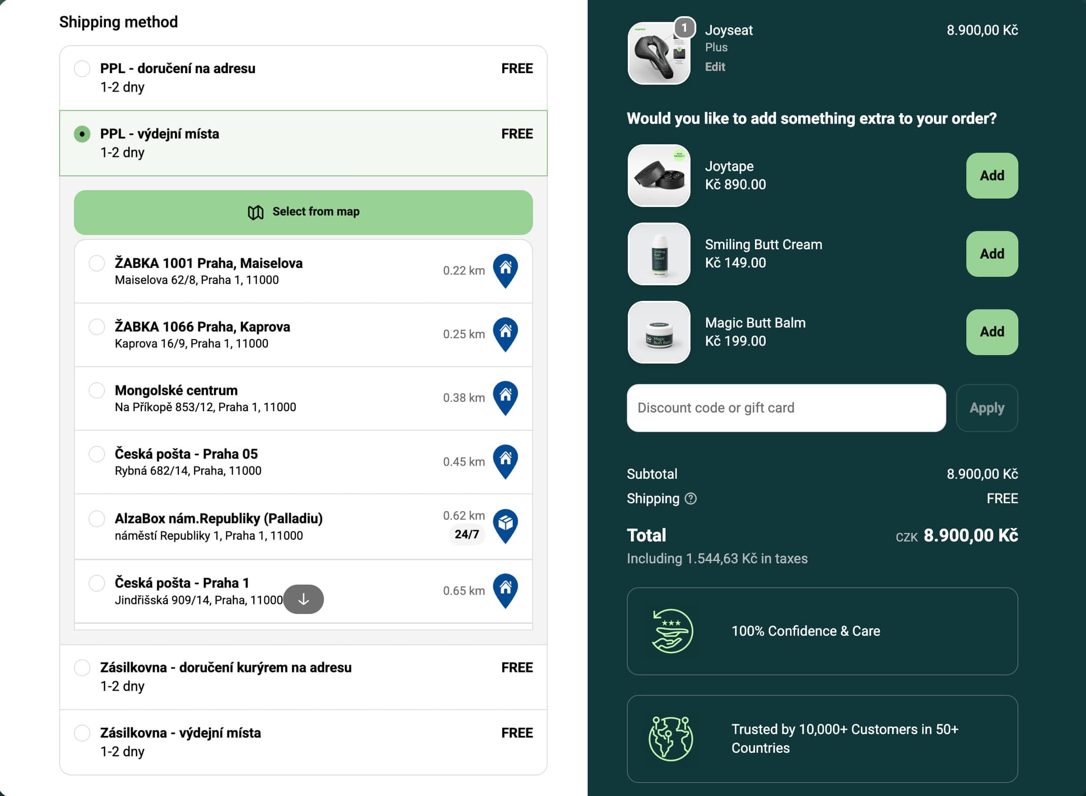 Posedla-Checkout mit Auswahl einer PPL-Abholstelle über die Globe-App