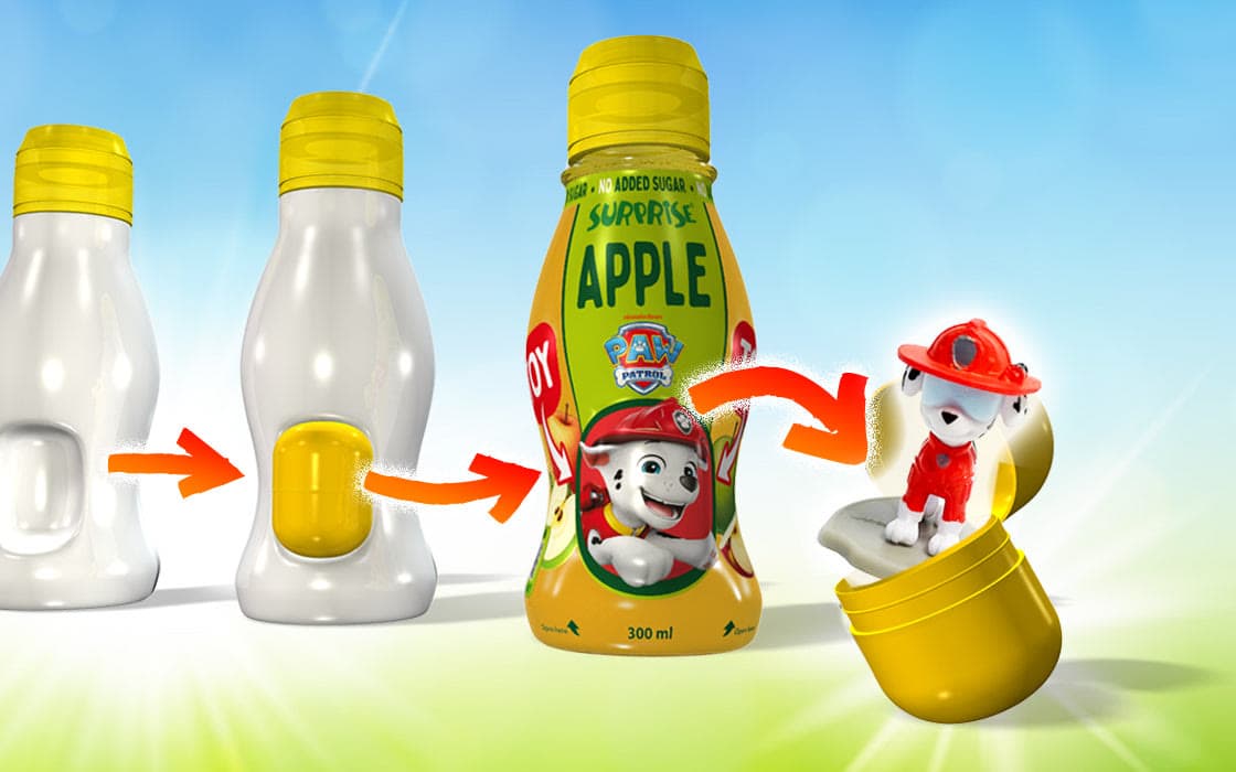 Surprise-Drinks-Flasche mit Paw Patrol: die gelbe Kapsel in der Flasche und ein Marshall-Spielzeug, das herausspringt