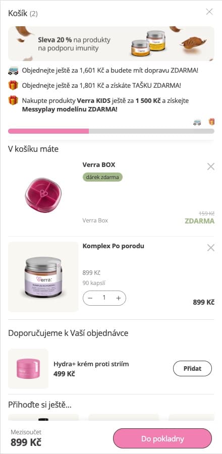 Verra-Warenkorb mit Kampagnenbanner, gratis Verra BOX und Angebot für die Hydra+ Creme