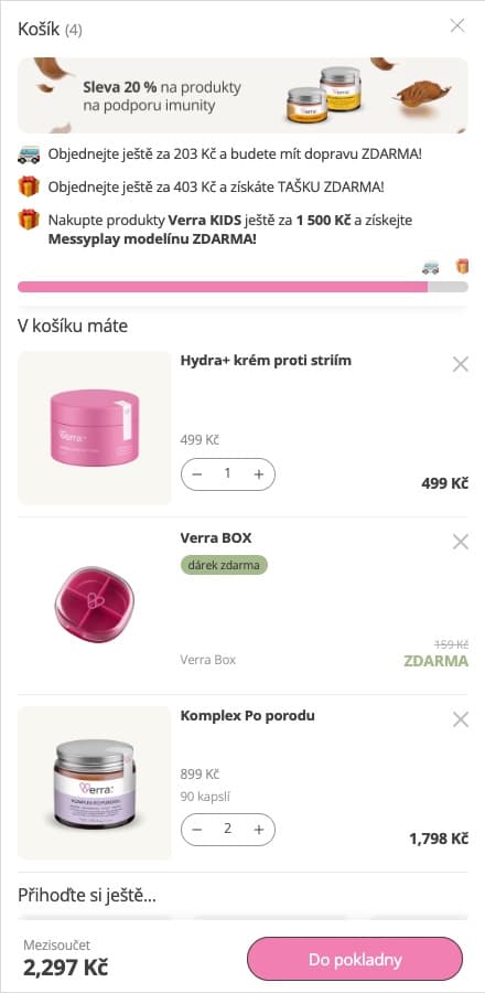Verra-Warenkorb: noch 203 CZK bis zum kostenlosen Versand und 403 CZK bis zur Gratis-Tasche