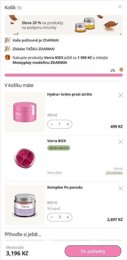 Verra-Warenkorb mit erreichtem kostenlosem Versand und Gratis-Tasche