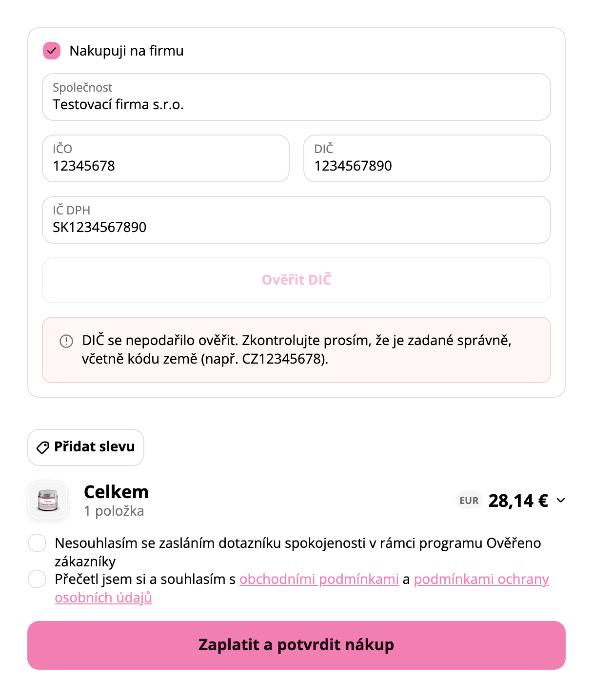 Der Block Nakupuji na firmu im Checkout von Verra mit der Meldung DIČ se nepodařilo ověřit
