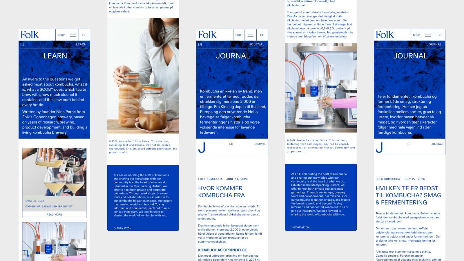 Fünf Artikel aus dem Journal Learn auf dem Handy in drei Vorlagen: Bild links, Bild rechts und nur Text